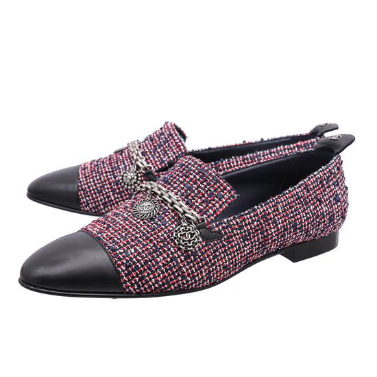Chanel Multicolor Tweed And Chain Link moccasin Loafers 39.5