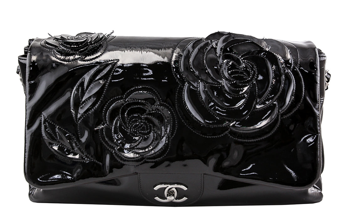 Chanel Black Tweed Camellia Maxi Flap Bag