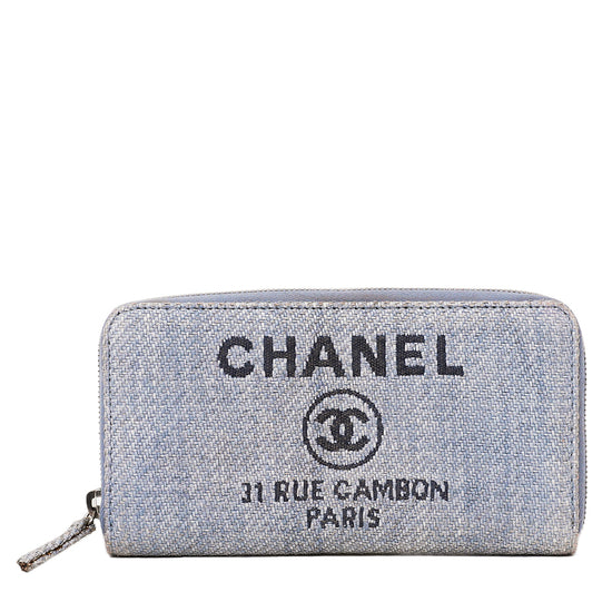 Chanel Light Blue Tweed Deauville Zip Around Wallet