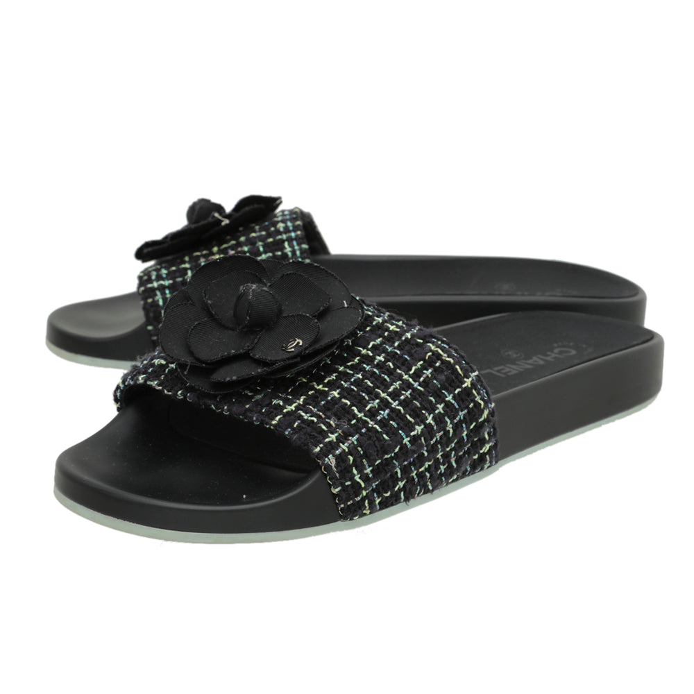 Chanel Black Tweed Grosgrain Camellia Mules 42-Chanel-THE CLOSET