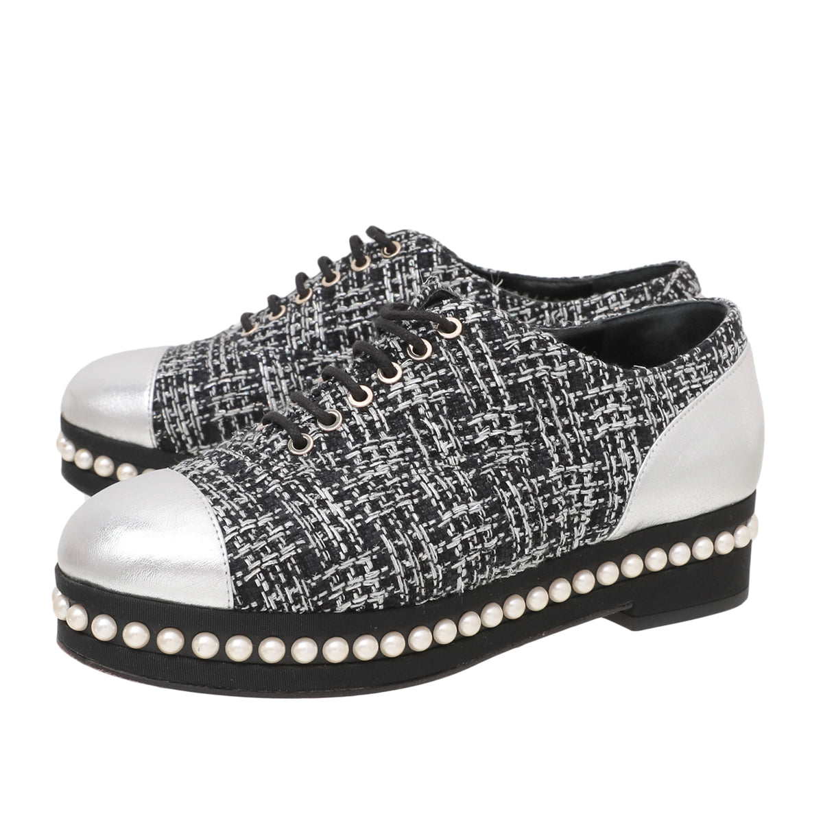 Chanel Black Silver Tweed Pearl Lace Up Oxford 37-Chanel-THE CLOSET