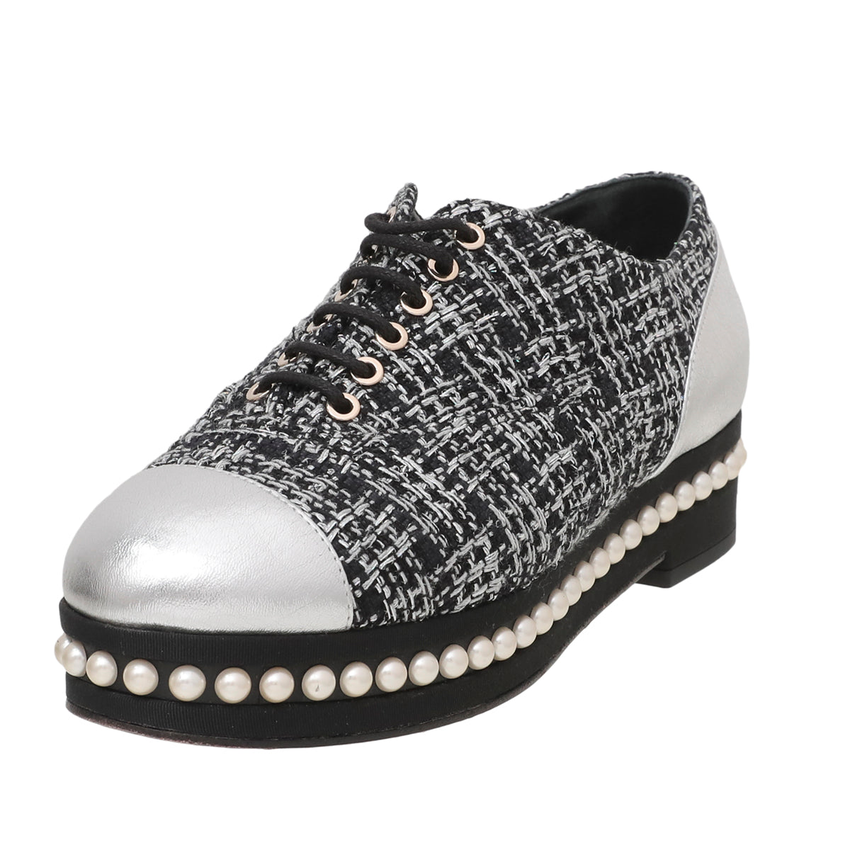 Chanel Black Silver Tweed Pearl Lace Up Oxford 37-Chanel-THE CLOSET