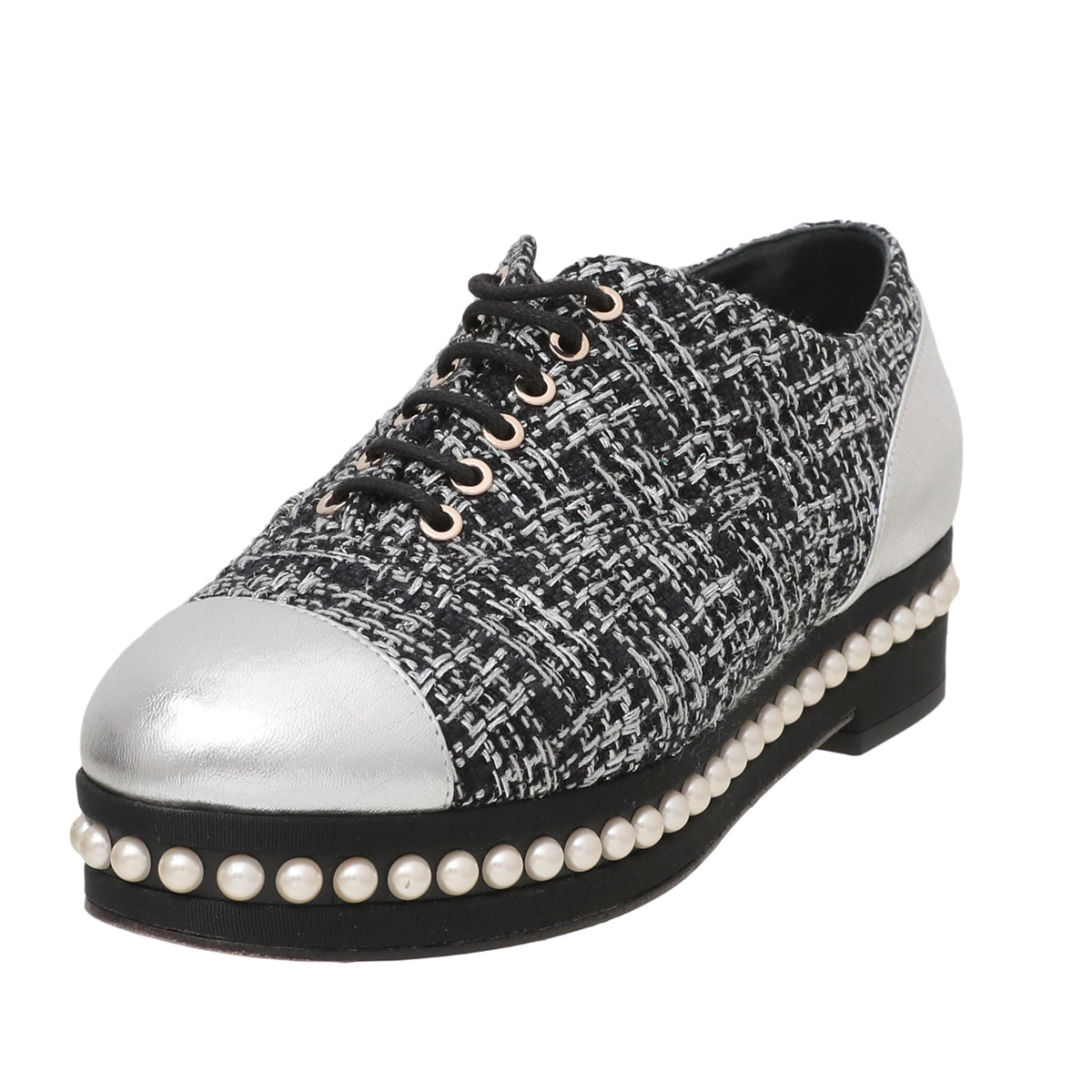Chanel Black Silver Tweed Pearl Lace Up Oxford 37