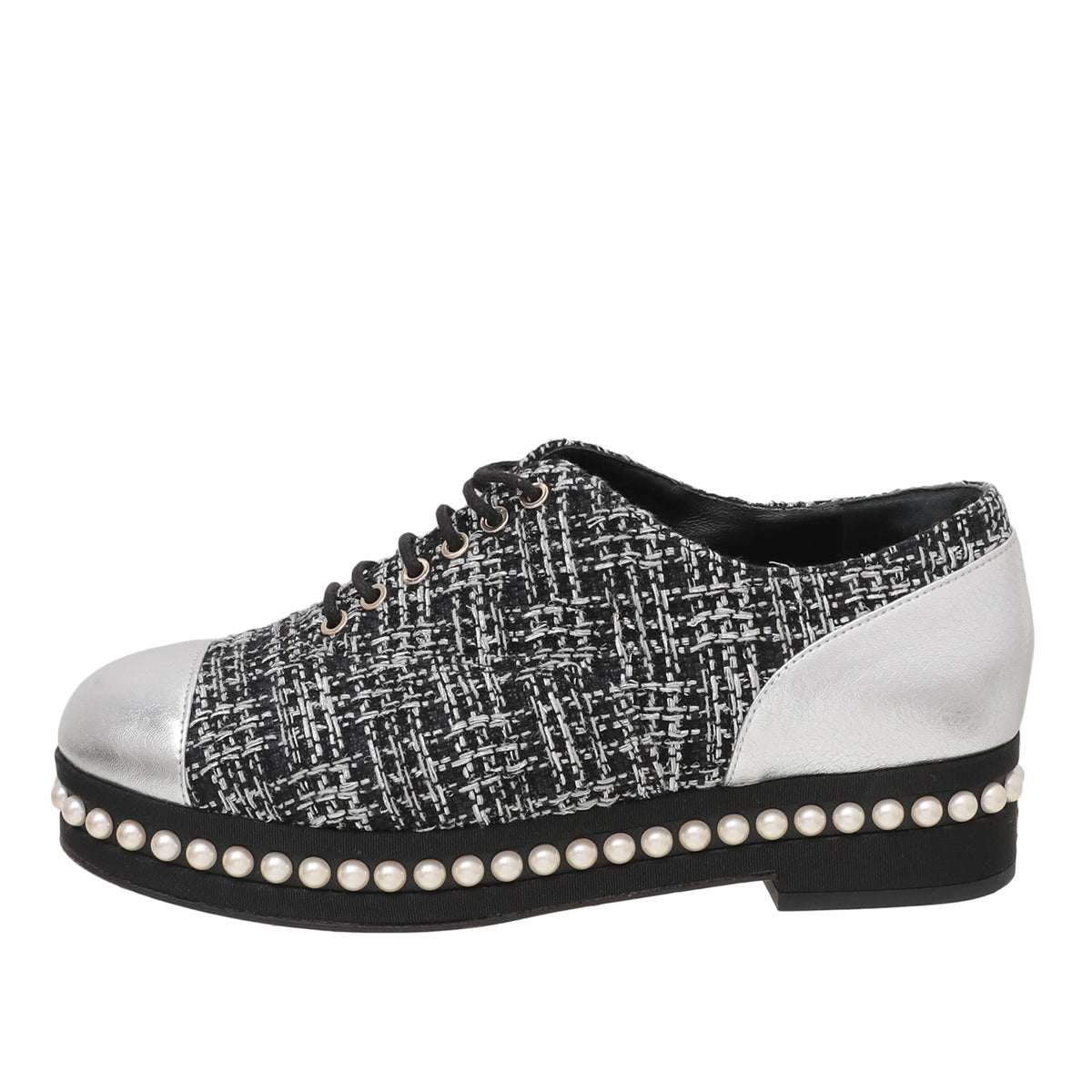 Chanel Black Silver Tweed Pearl Lace Up Oxford 37-Chanel-THE CLOSET