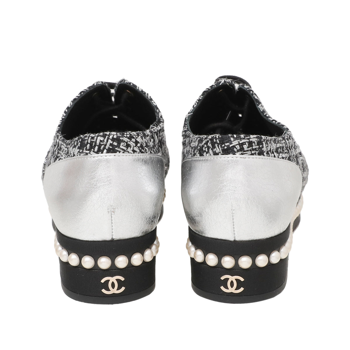 Chanel Black Silver Tweed Pearl Lace Up Oxford 37-Chanel-THE CLOSET