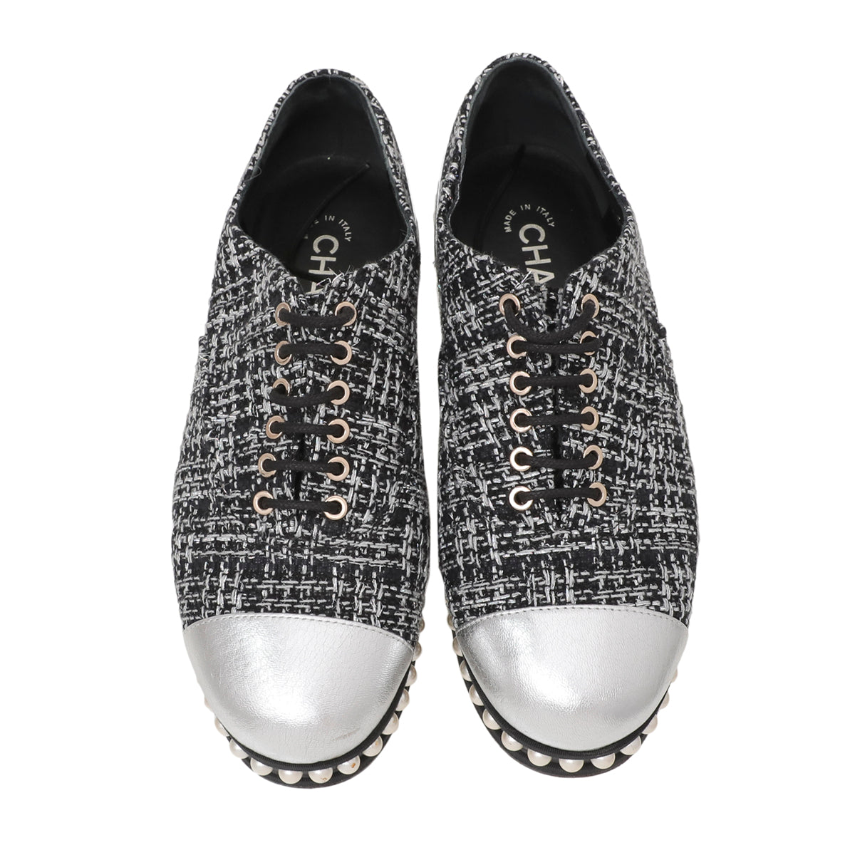 Chanel Black Silver Tweed Pearl Lace Up Oxford 37-Chanel-THE CLOSET