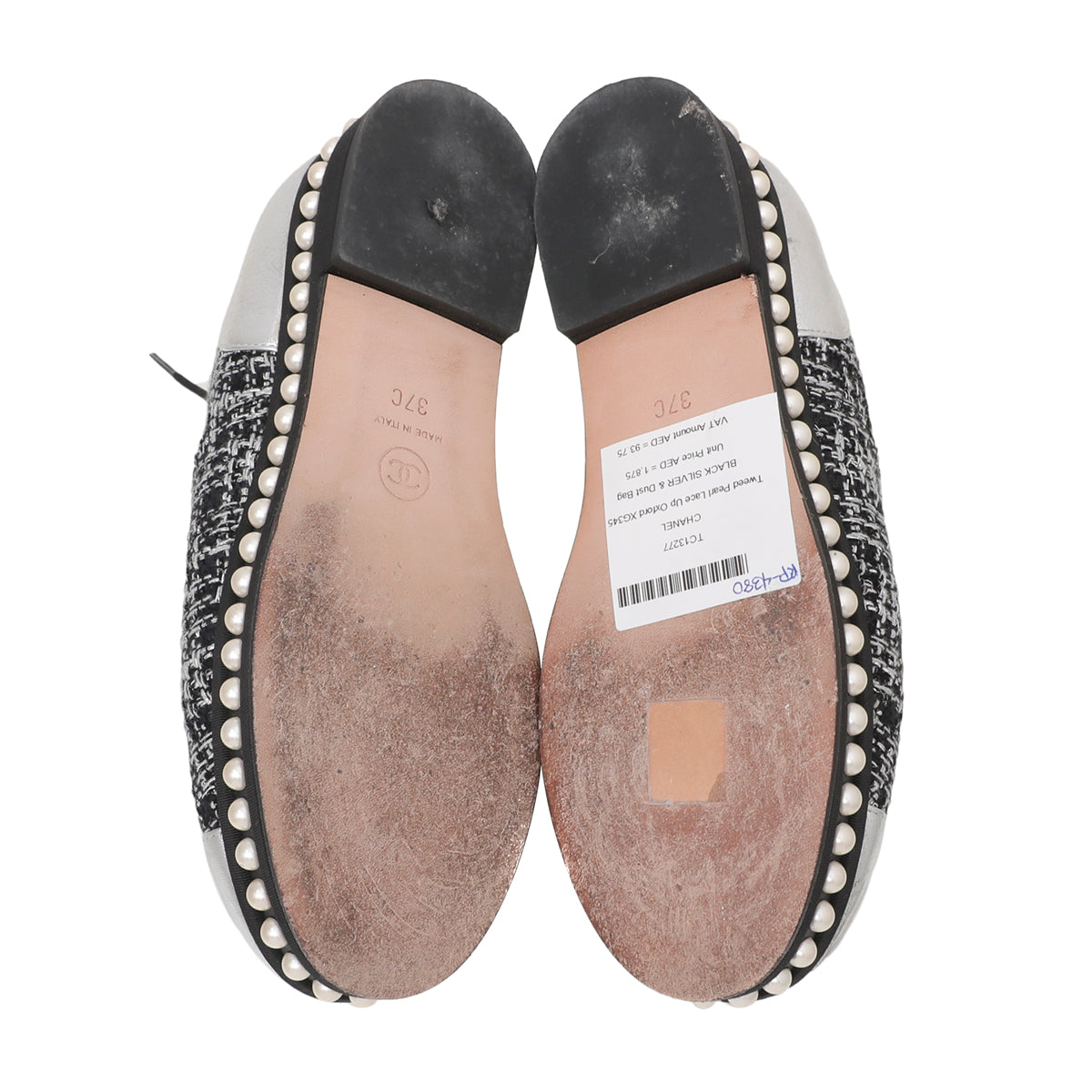 Chanel Black Silver Tweed Pearl Lace Up Oxford 37-Chanel-THE CLOSET