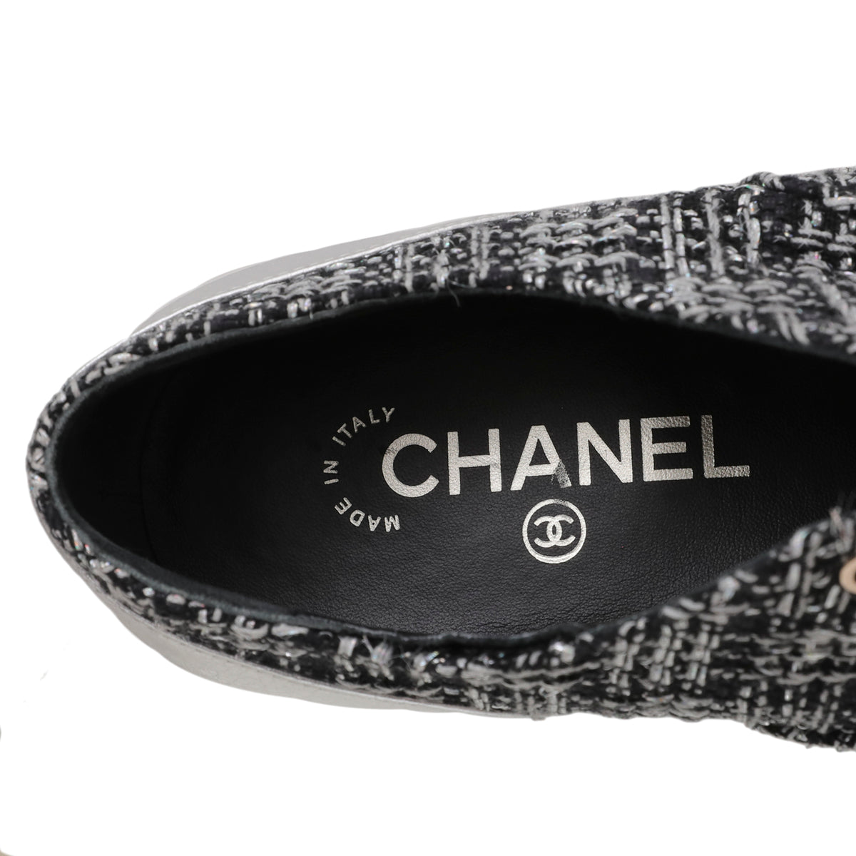 Chanel Black Silver Tweed Pearl Lace Up Oxford 37-Chanel-THE CLOSET