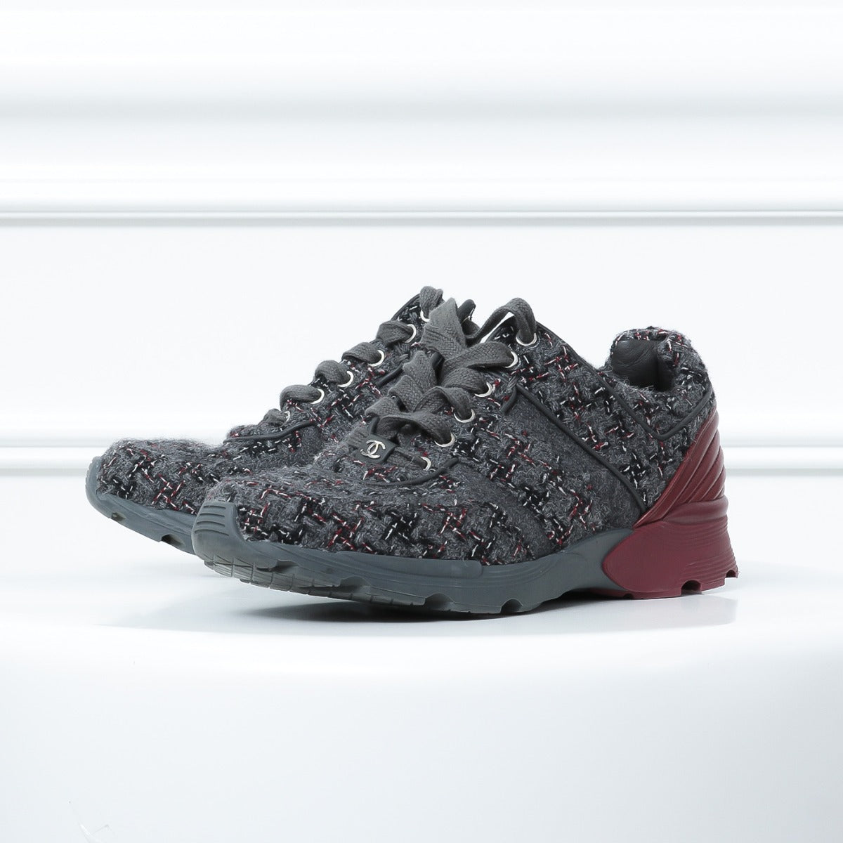Chanel Grey -Red Tweed Sneakers 39-Chanel-THE CLOSET