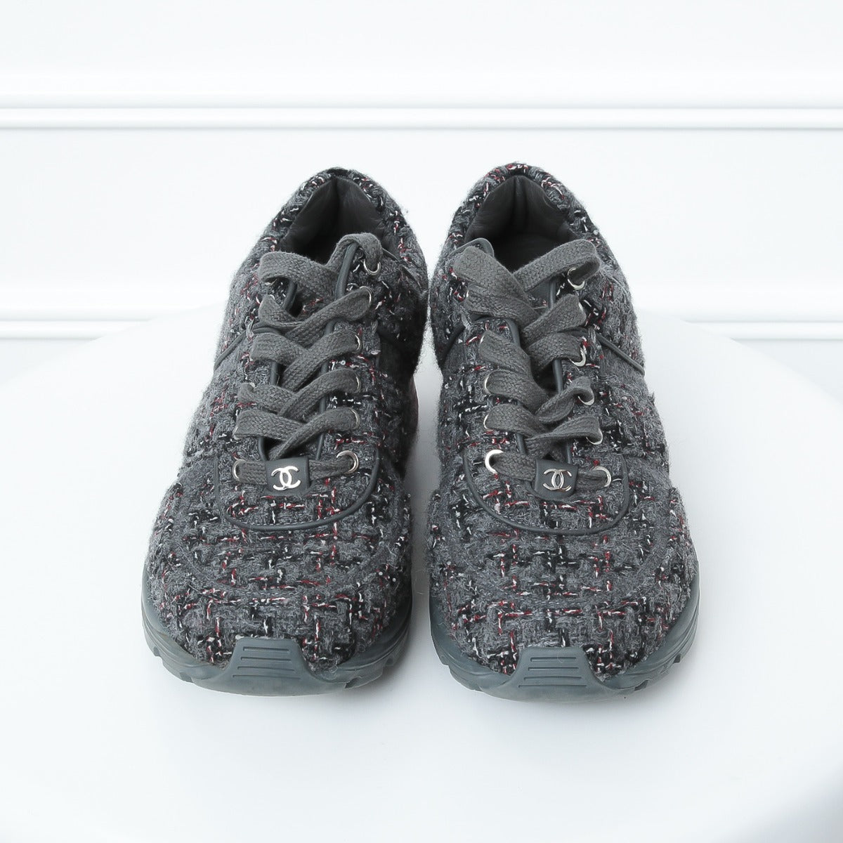 Chanel Grey -Red Tweed Sneakers 39-Chanel-THE CLOSET