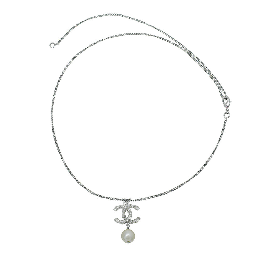 Chanel Silver Twisted CC Rhinestones Drop Pearl Necklace-Chanel-THE CLOSET