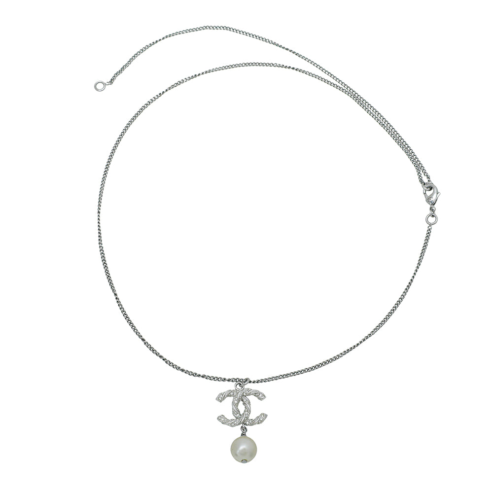 Chanel Silver Twisted CC Rhinestones Drop Pearl Necklace