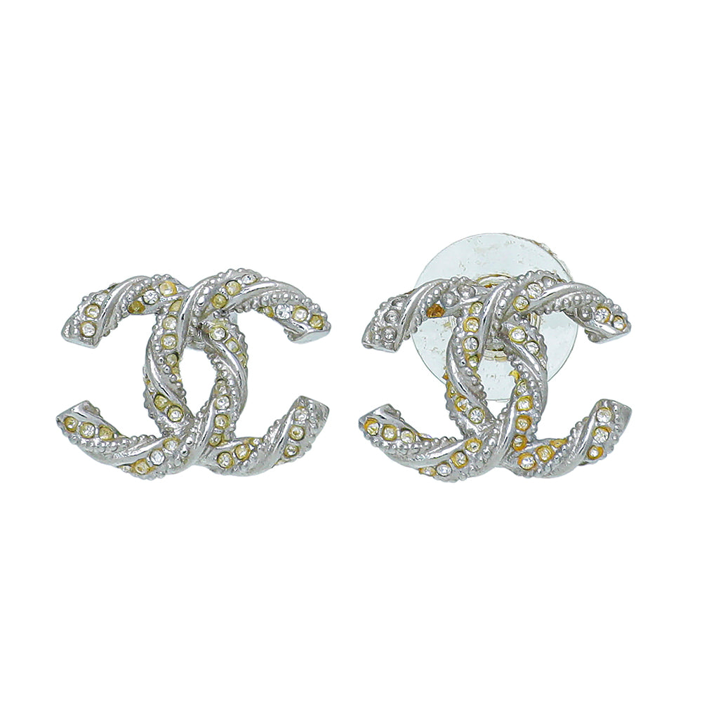 Chanel Silver Twisted CC Rhinestones Stud Earrings-Chanel-THE CLOSET