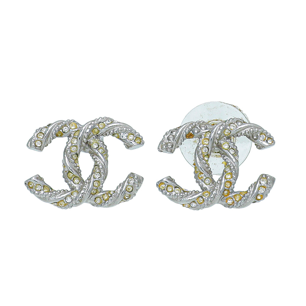 Chanel Silver Twisted CC Rhinestones Stud Earrings