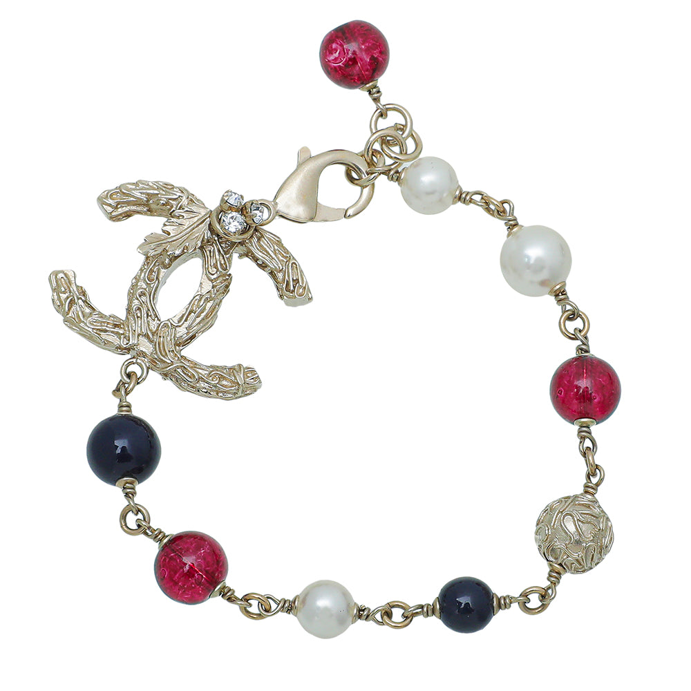 Chanel Light Gold Vined CC Leaf Glass Pearls Bracelet-Chanel-THE CLOSET