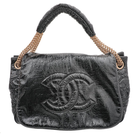 CHANEL Vintage Black White Canvas Printed Letter Quilted Double Handle Bag
