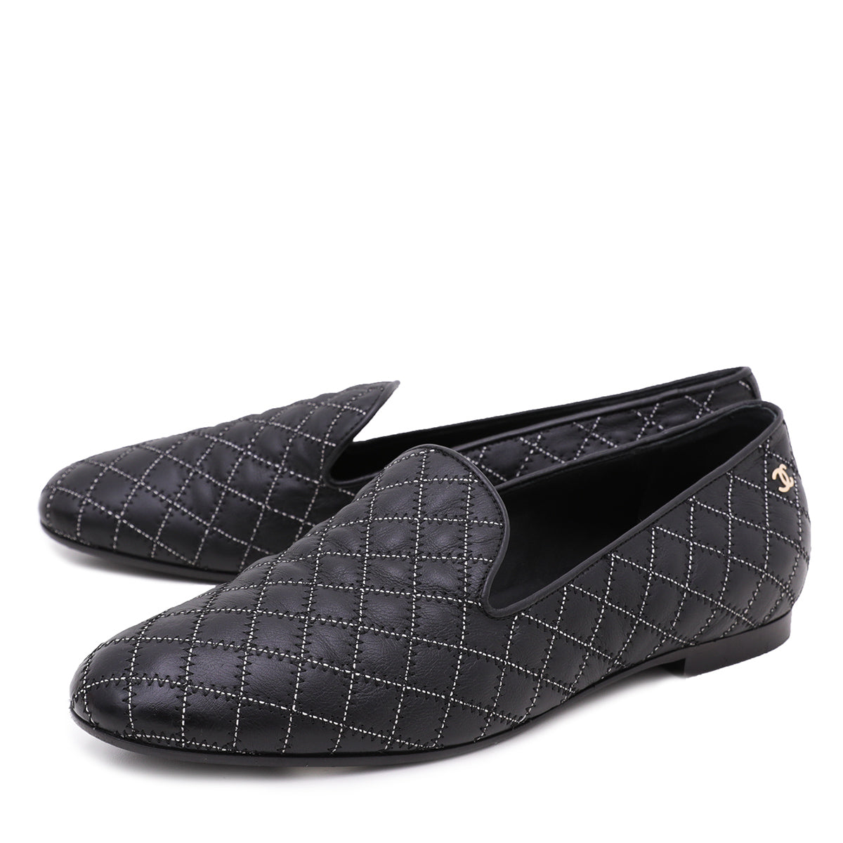 Chanel Black Zigzag & Contrast Diamond Moccasin Loafers 39
