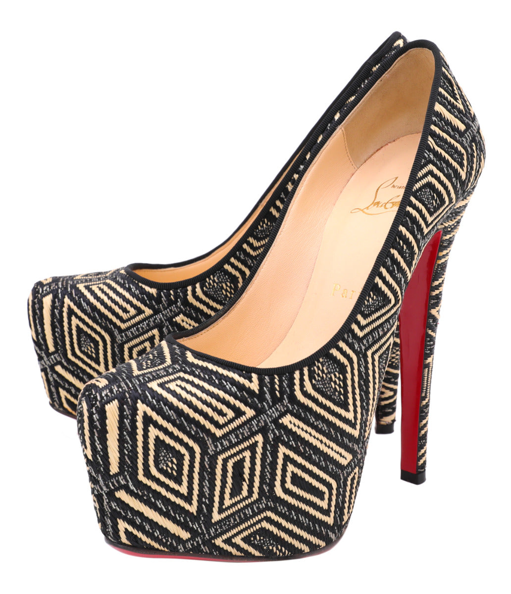 Christian Louboutin Bicolor Aztec Raffia Daffodile Platform Pumps 37.5-Christian Louboutin-THE CLOSET