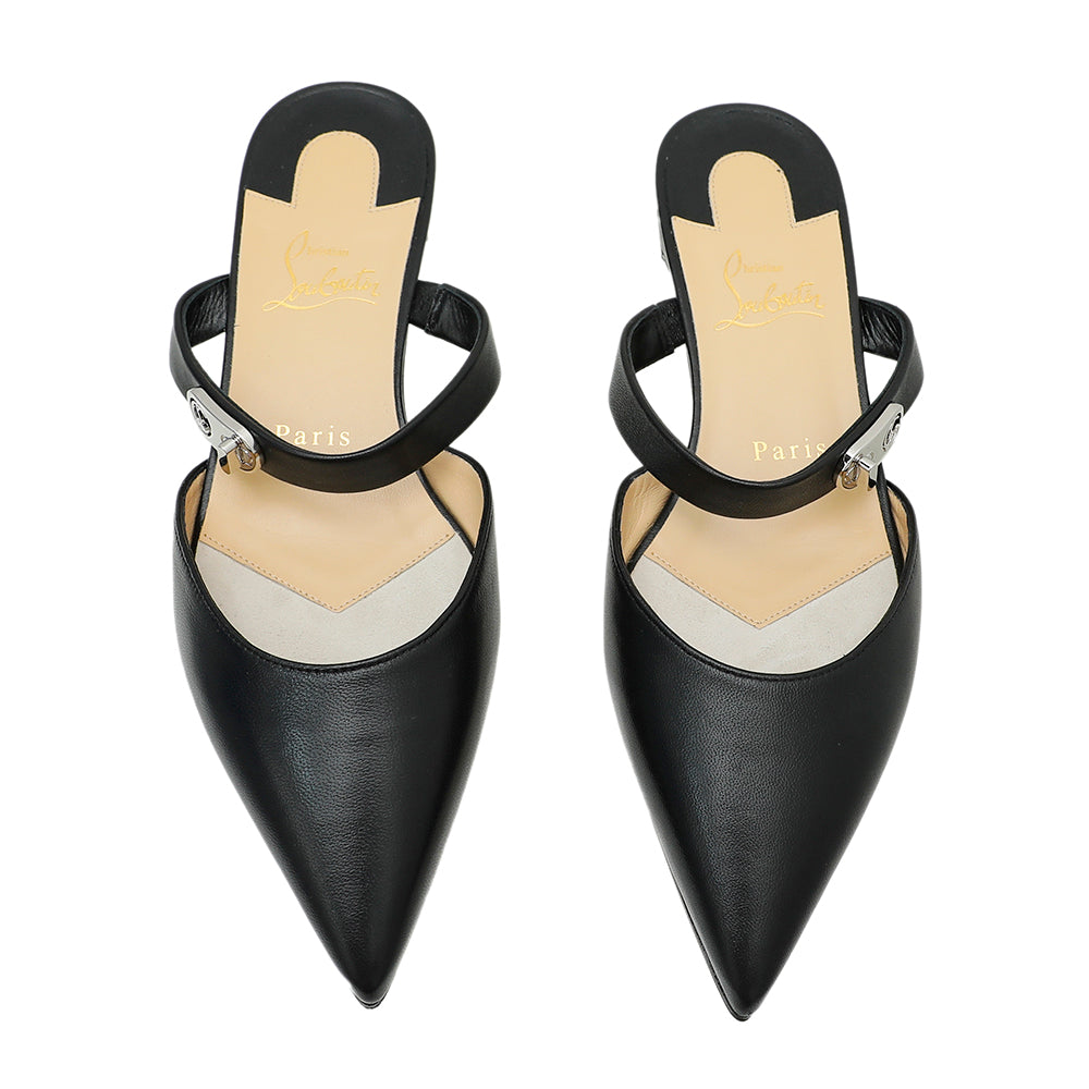 Christian Louboutin Black Choc Lock Point Toe Flat Mule 37.5-Christian Louboutin-THE CLOSET