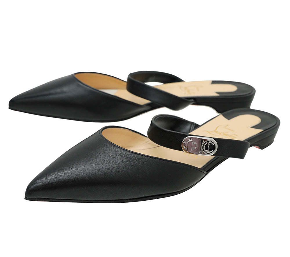 Christian Louboutin Black Choc Lock Point Toe Flat Mule 37.5-Christian Louboutin-THE CLOSET