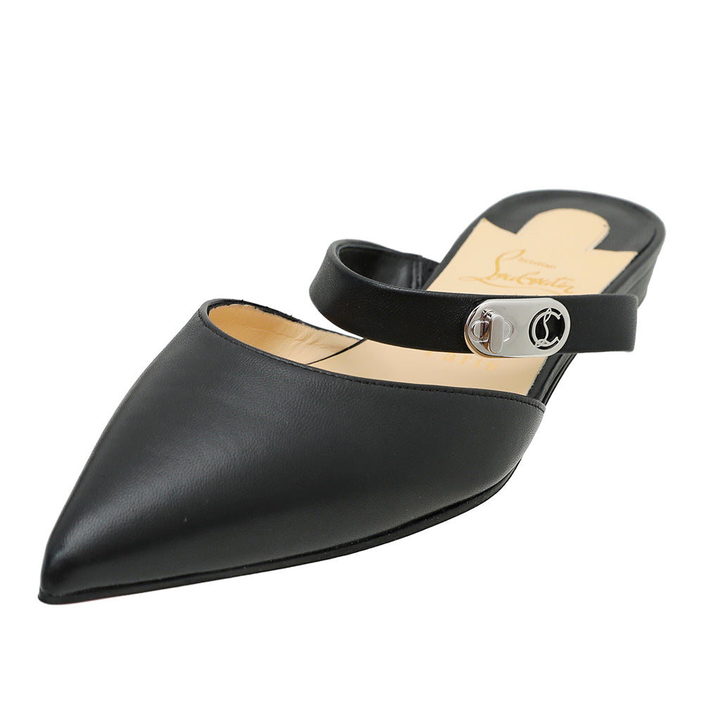 Christian Louboutin Black Choc Lock Point Toe Flat Mule 37.5-Christian Louboutin-THE CLOSET