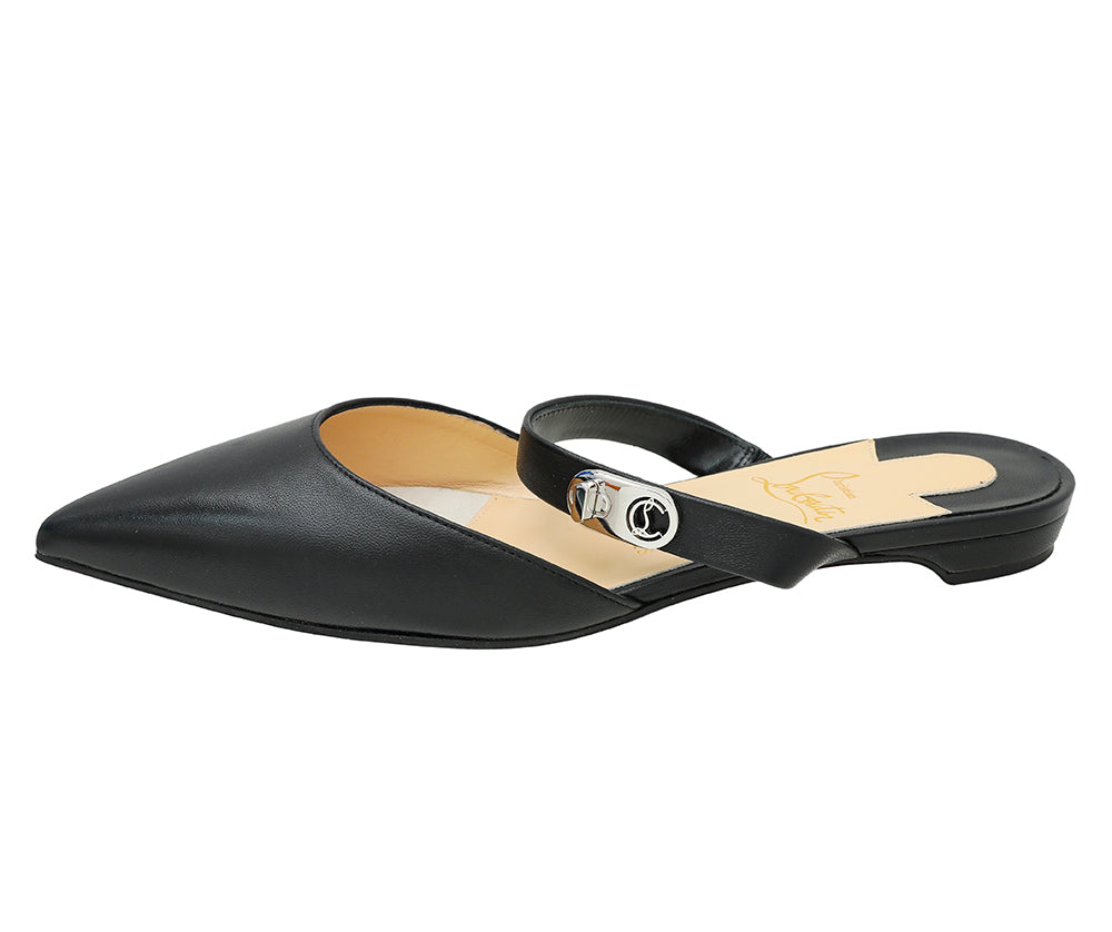 Christian Louboutin Black Choc Lock Point Toe Flat Mule 37.5-Christian Louboutin-THE CLOSET