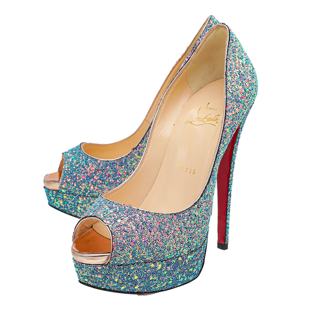 Christian Louboutin Blue Pink Multicolor Glitter Dragonfly Lady Peep 150 Pumps 37.5-Christian Louboutin-THE CLOSET