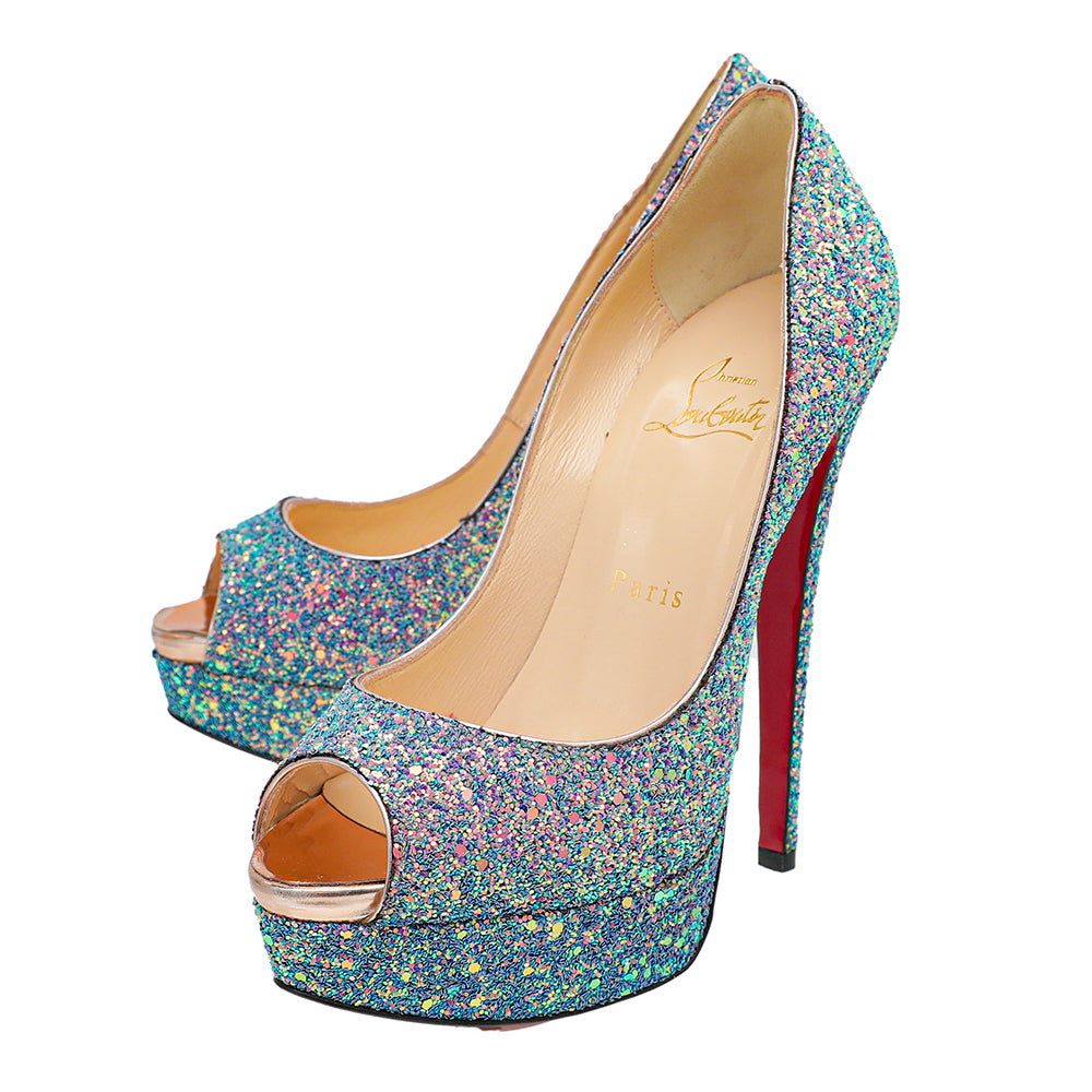 Christian Louboutin Blue Pink Multicolor Glitter Dragonfly Lady Peep 150 Pumps 37.5