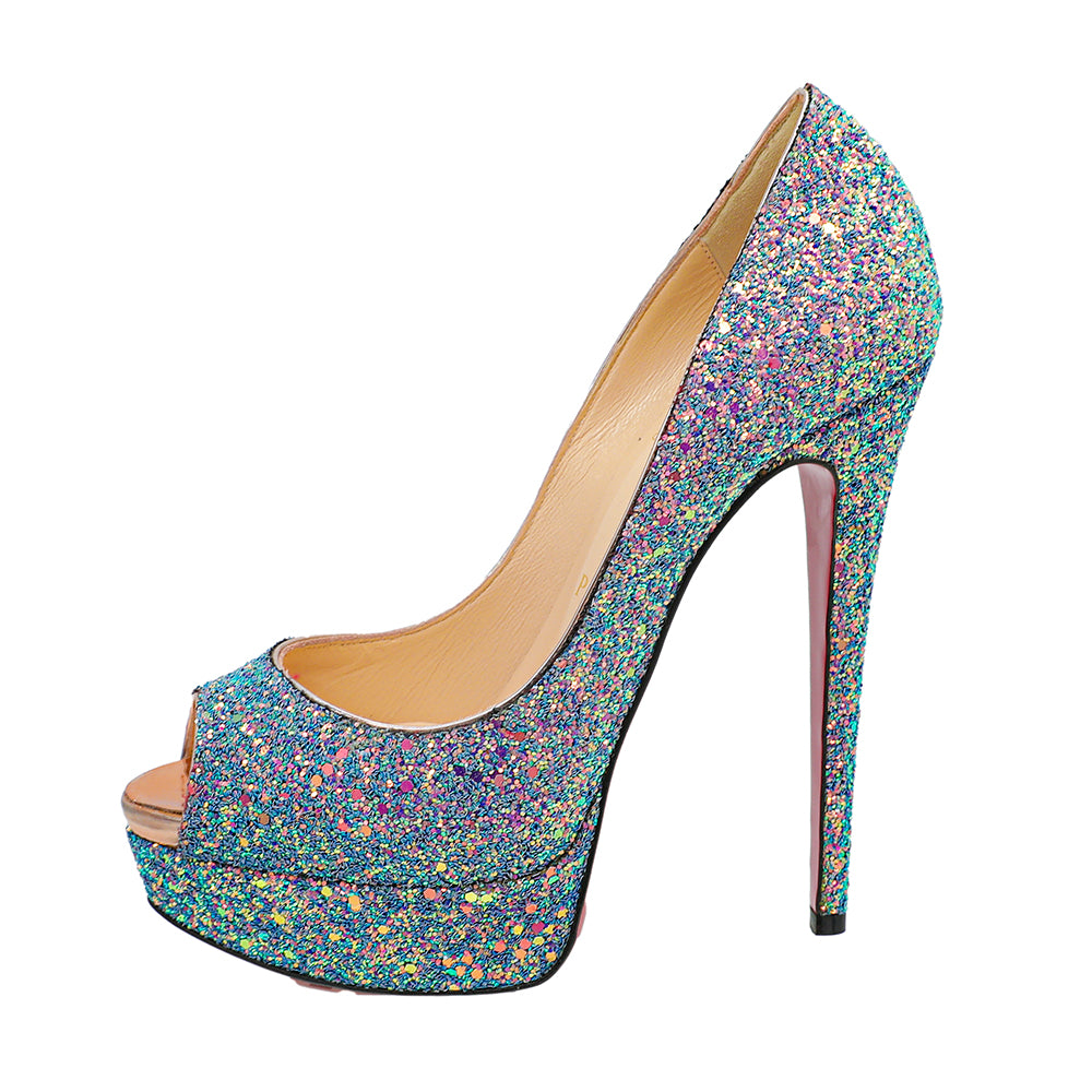 Christian Louboutin Blue Pink Multicolor Glitter Dragonfly Lady Peep 150 Pumps 37.5-Christian Louboutin-THE CLOSET