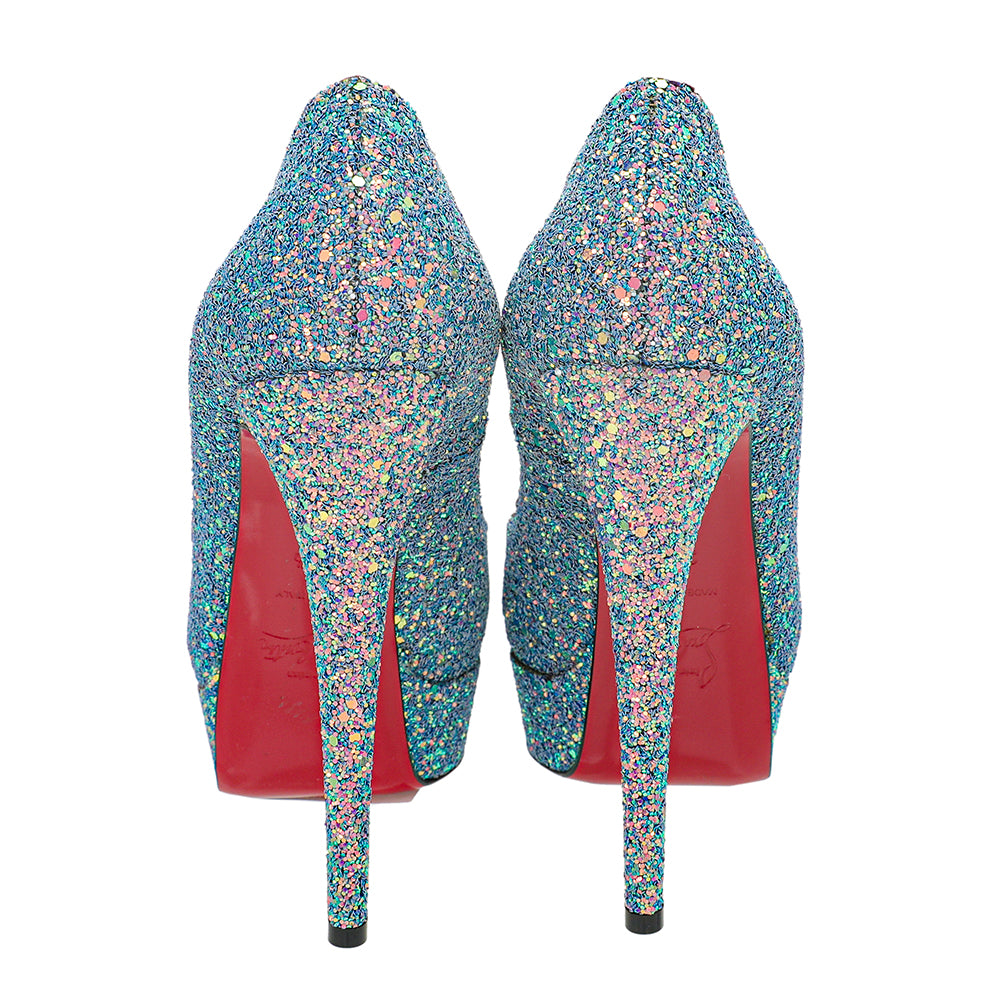 Christian Louboutin Blue Pink Multicolor Glitter Dragonfly Lady Peep 150 Pumps 37.5-Christian Louboutin-THE CLOSET