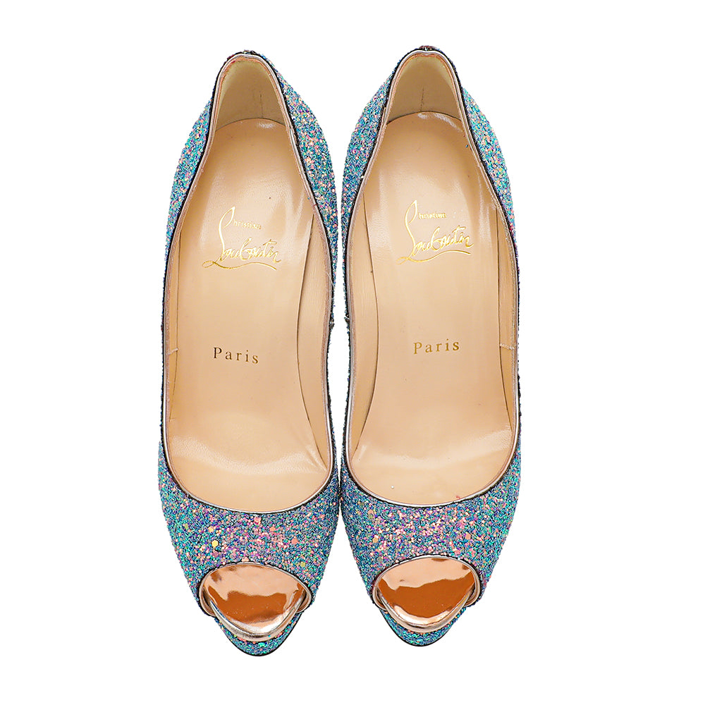 Christian Louboutin Blue Pink Multicolor Glitter Dragonfly Lady Peep 150 Pumps 37.5-Christian Louboutin-THE CLOSET