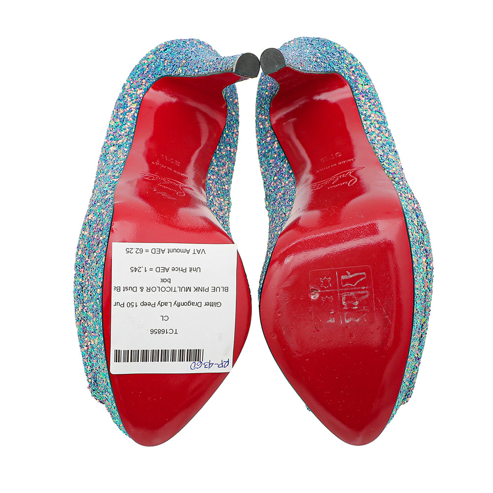 Christian Louboutin Blue Pink Multicolor Glitter Dragonfly Lady Peep 150 Pumps 37.5-Christian Louboutin-THE CLOSET