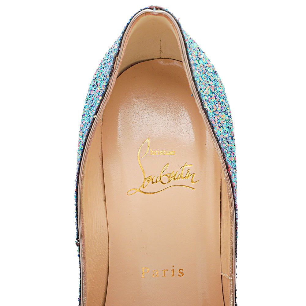 Christian Louboutin Blue Pink Multicolor Glitter Dragonfly Lady Peep 150 Pumps 37.5-Christian Louboutin-THE CLOSET