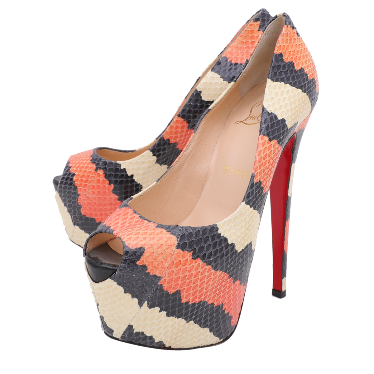 Christian Louboutin Tricolor Python Highness 150mm Peep Toe Platform 37.5-Christian Louboutin-THE CLOSET