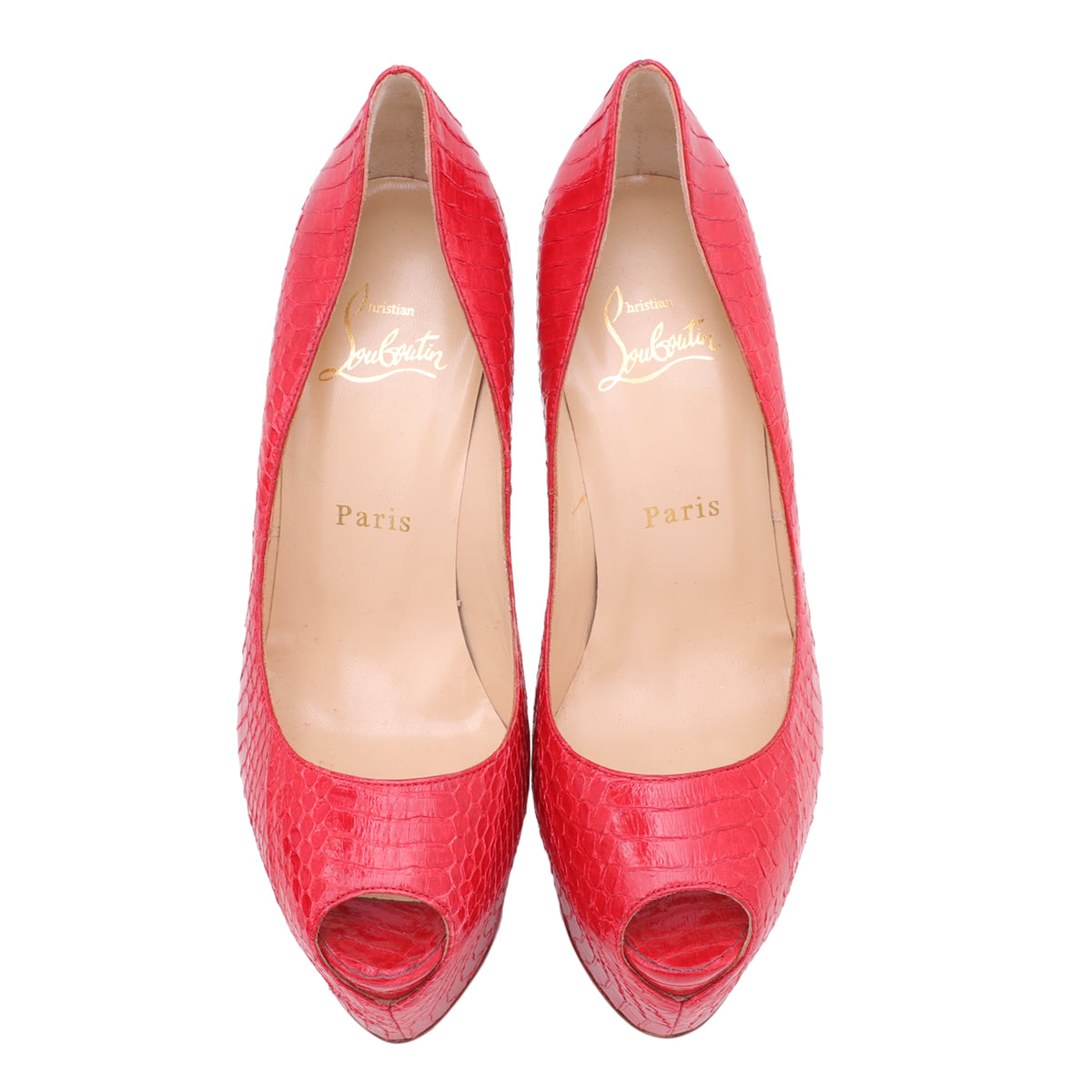 Christian Louboutin Red Python Highness 150mm Peep Toe Platform 37.5-Christian Louboutin-THE CLOSET