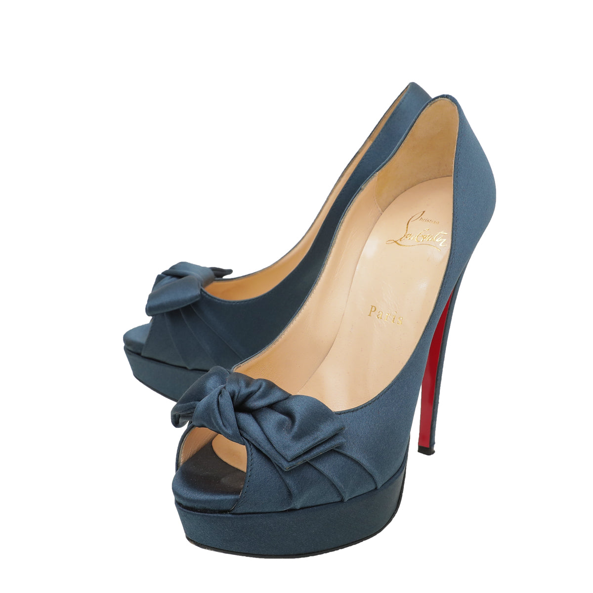 Christian Louboutin Teal Satin Madame Butterfly 150 Pumps 38.5-Christian Louboutin-THE CLOSET