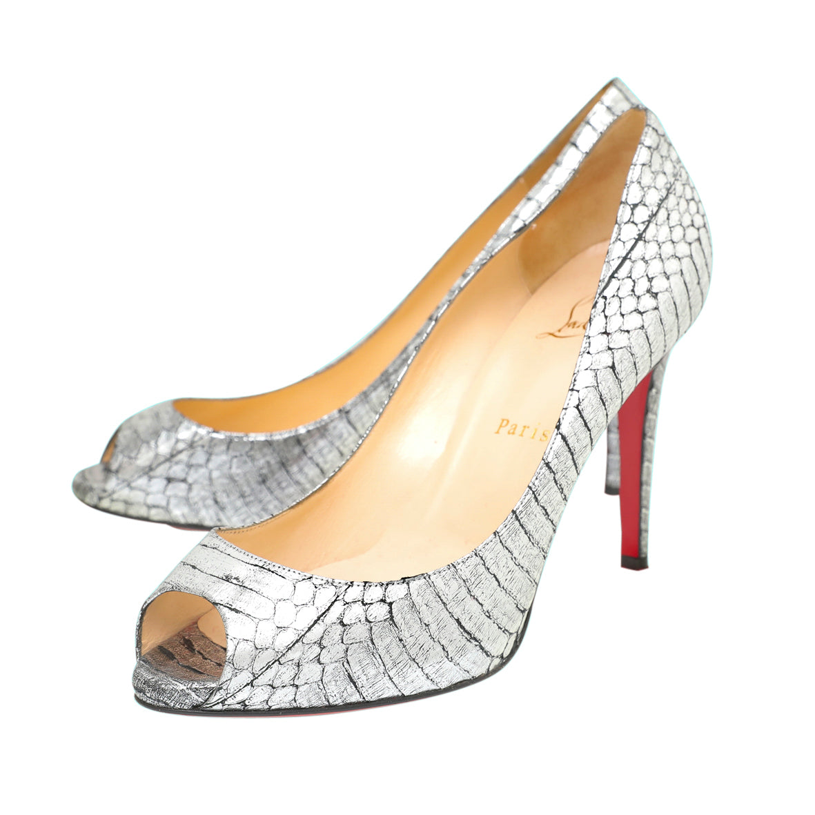 Christian Louboutin Metallic Silver Python Very Prive Peep Toe Pumps 38.5-Christian Louboutin-THE CLOSET