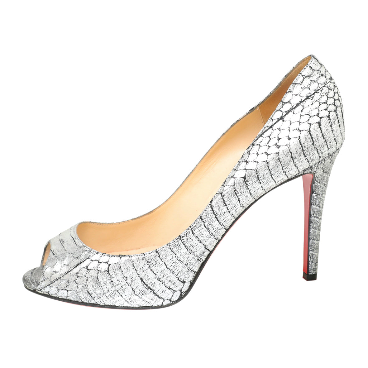 Christian Louboutin Metallic Silver Python Very Prive Peep Toe Pumps 38.5-Christian Louboutin-THE CLOSET