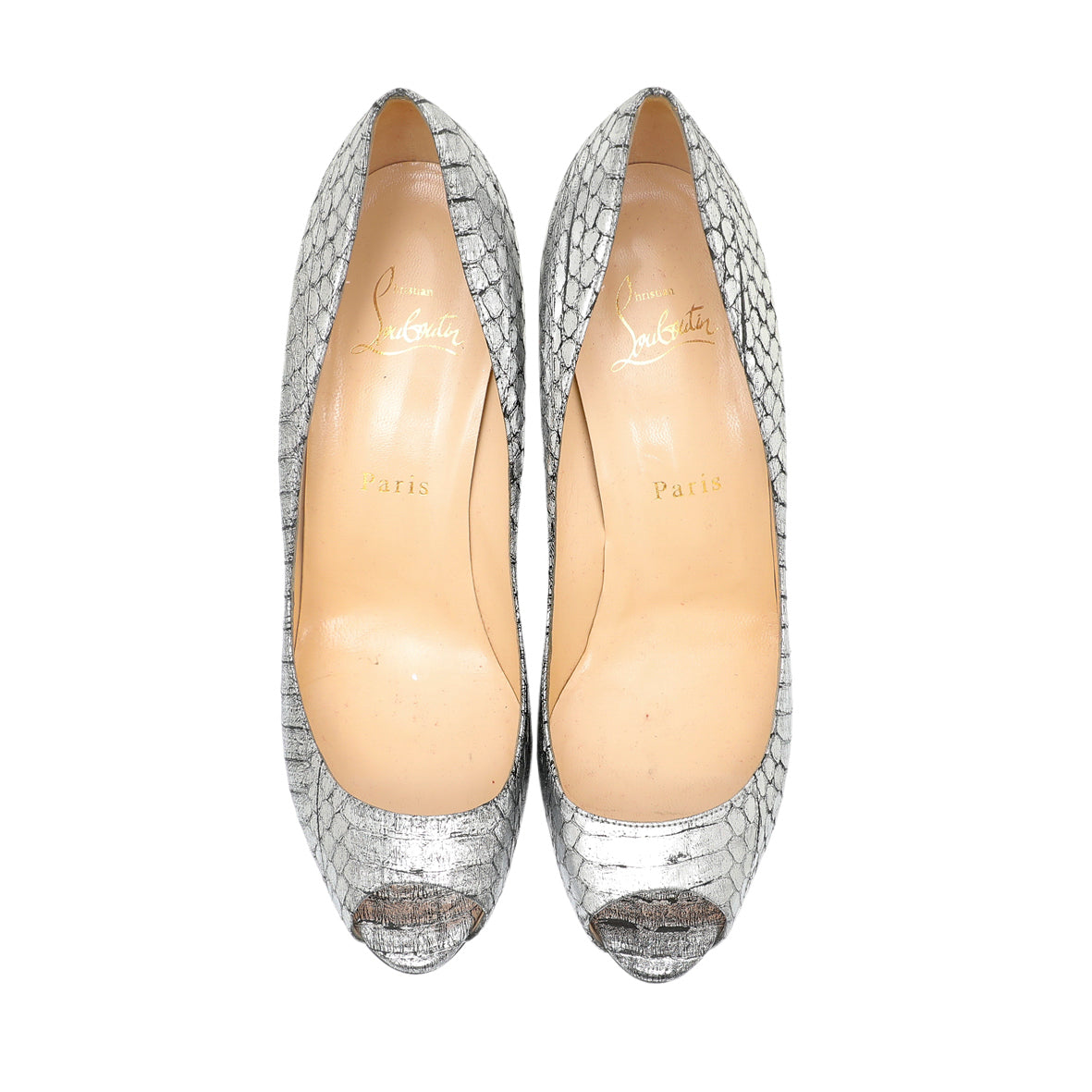 Christian Louboutin Metallic Silver Python Very Prive Peep Toe Pumps 38.5-Christian Louboutin-THE CLOSET