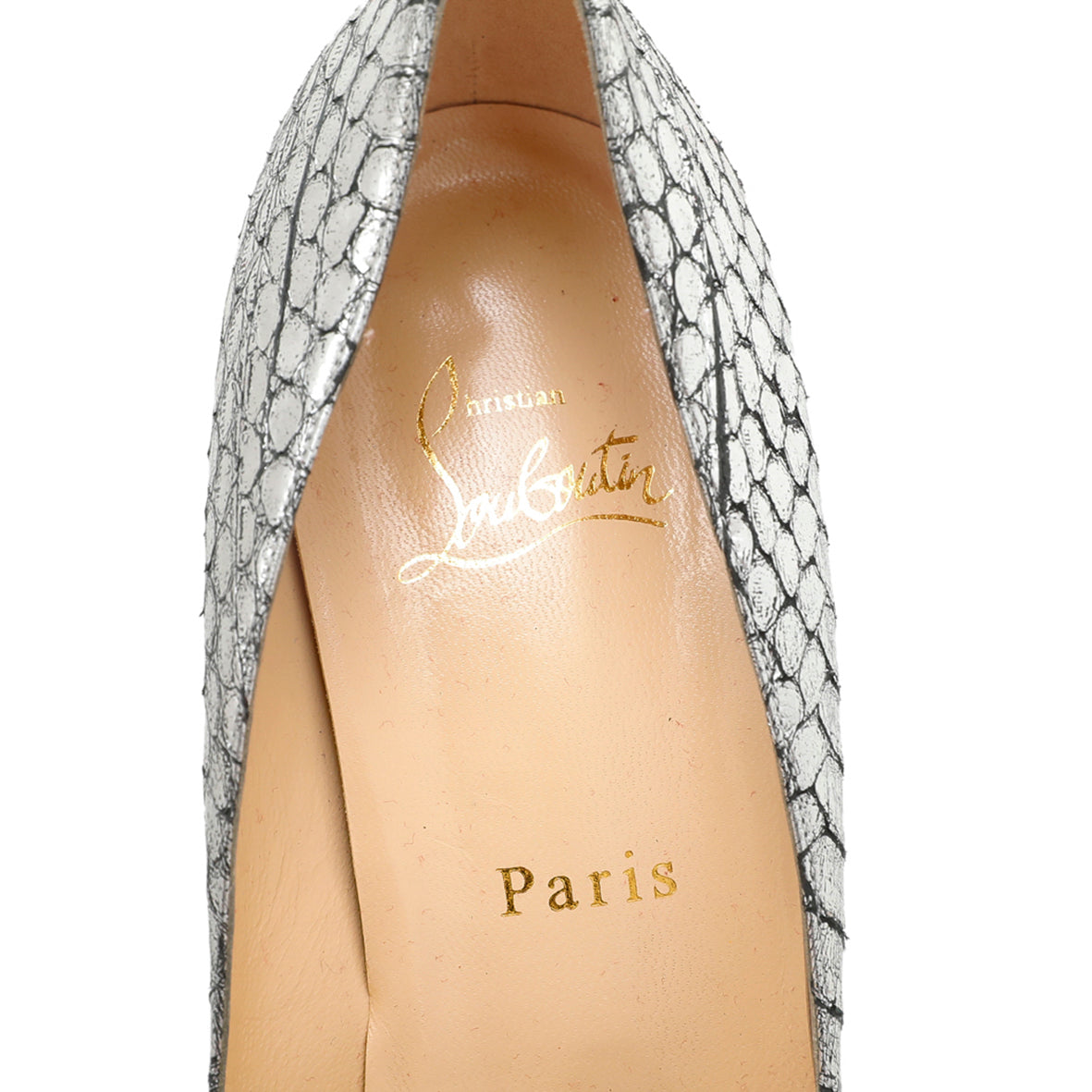 Christian Louboutin Metallic Silver Python Very Prive Peep Toe Pumps 38.5-Christian Louboutin-THE CLOSET