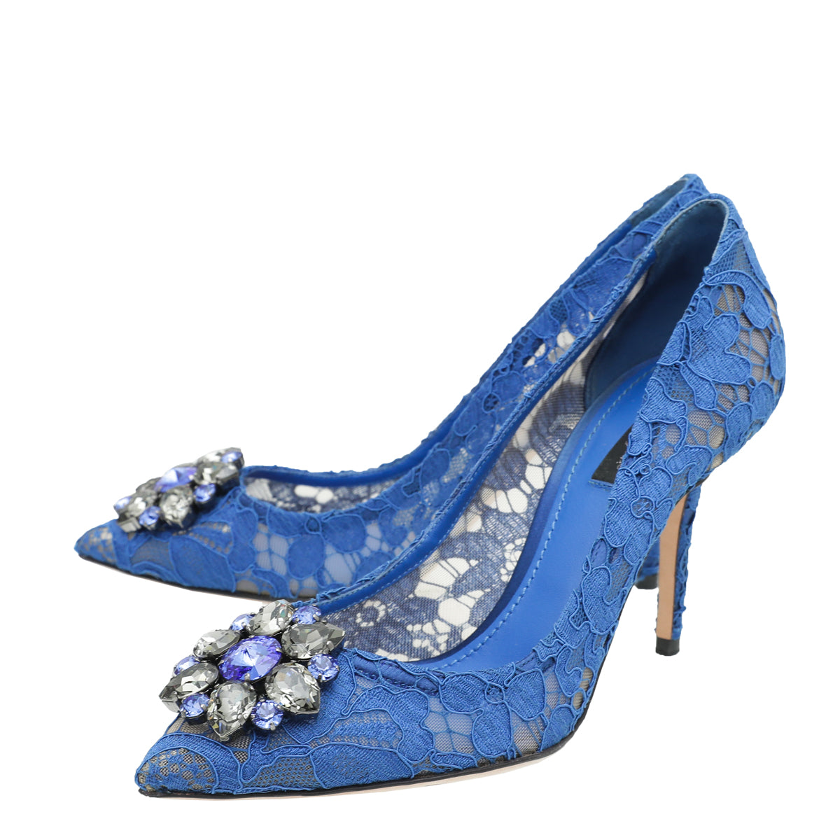 Dolce & Gabbana Blue Bellucci Crystal Lace Pumps 38.5-Dolce & Gabbana-THE CLOSET