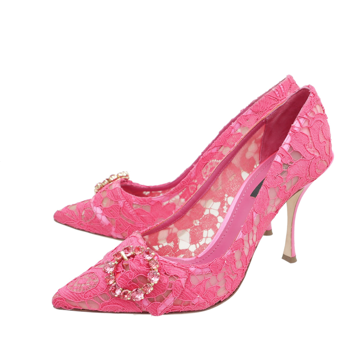 Dolce & Gabbana Fuchsia Lace Crystal Buckle Pump 38-Dolce & Gabbana-THE CLOSET