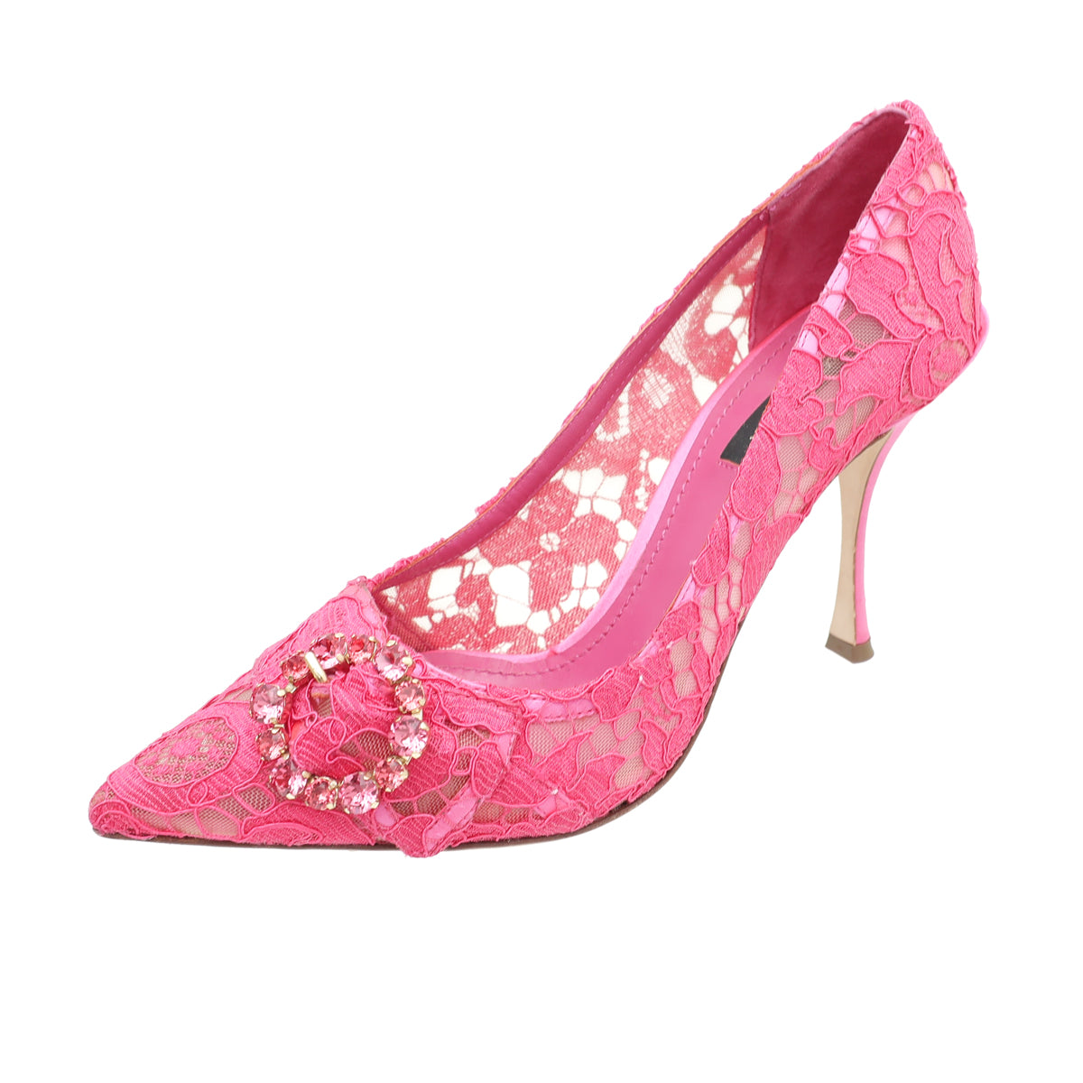 Dolce & Gabbana Fuchsia Lace Crystal Buckle Pump 38-Dolce & Gabbana-THE CLOSET
