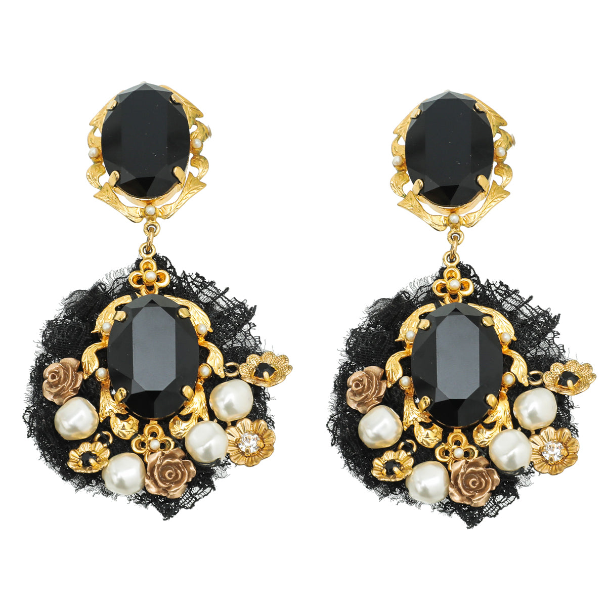 Dolce & Gabbana Bicolor Crystal Pearl Flower Dangling Earring-Dolce & Gabbana-THE CLOSET