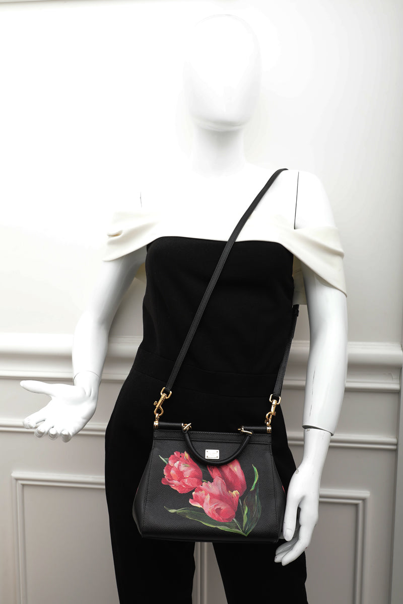 Dolce & Gabbana Black Multicolor Floral Print Sicily Bag
