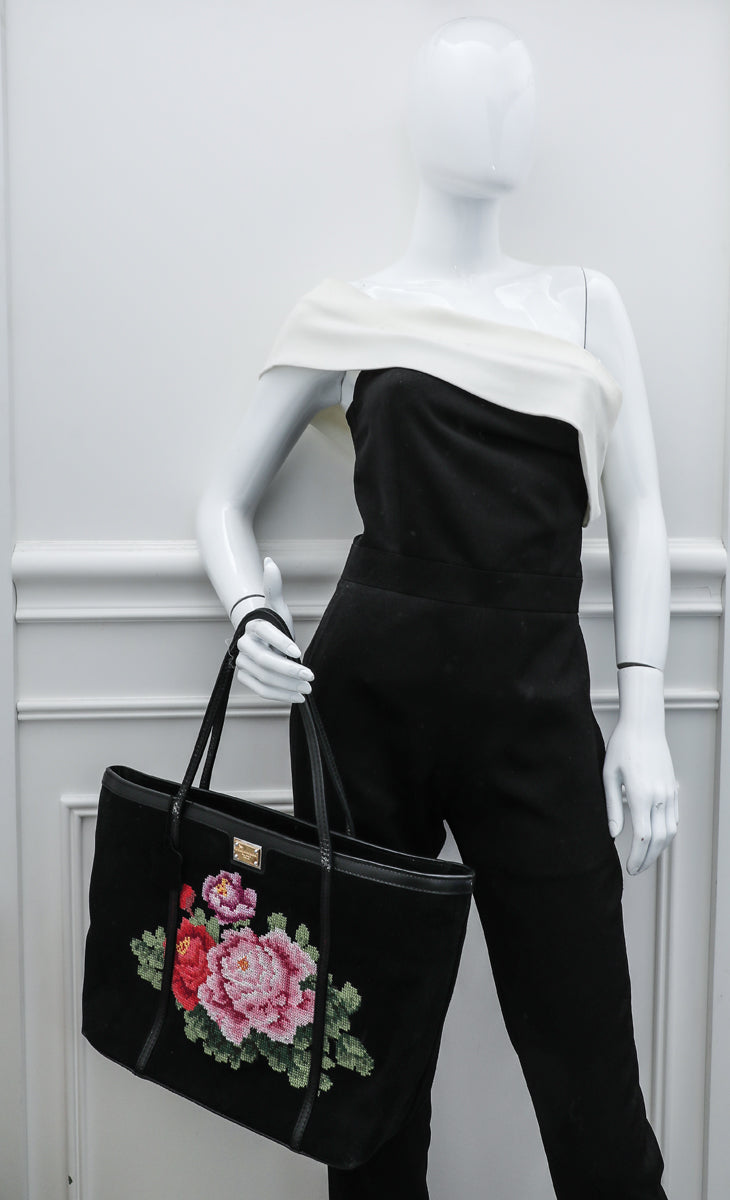 Dolce & Gabbana Black Multicolor Floral Cross Stitch Miss Escape Tote Bag