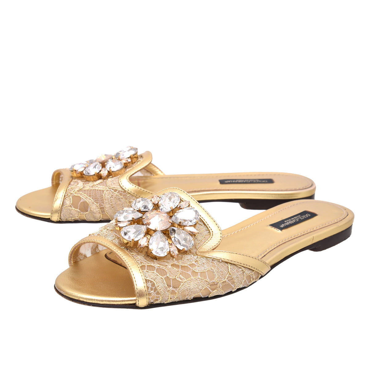 Dolce & Gabbana Metallic Gold Lace Bianca Flat Slides 36-Dolce & Gabbana-THE CLOSET