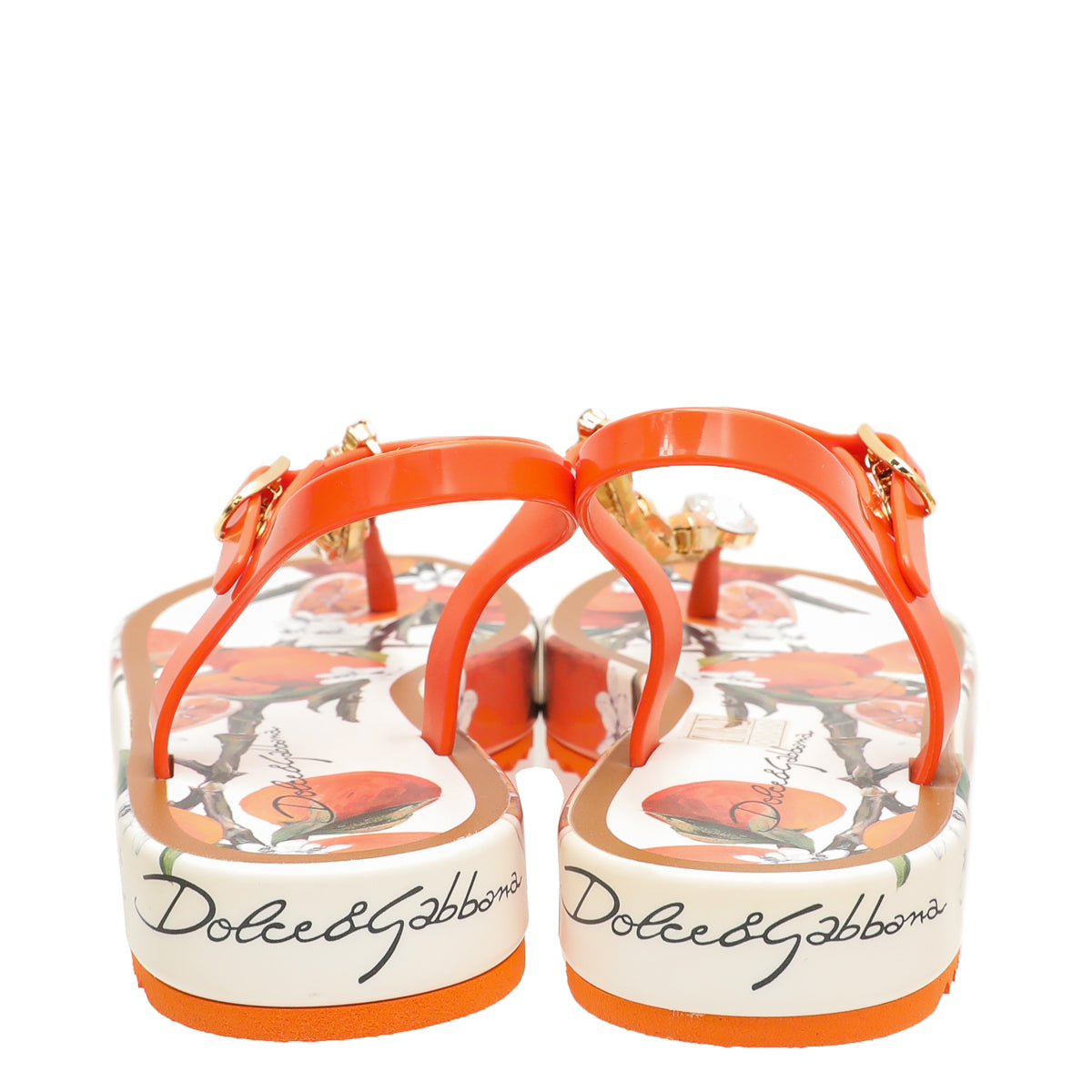 Dolce & Gabbana Orange Print Crystal Rubber Sandals 10