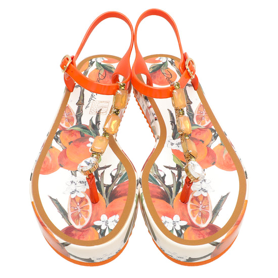 Dolce & Gabbana Orange Print Crystal Rubber Sandals 10
