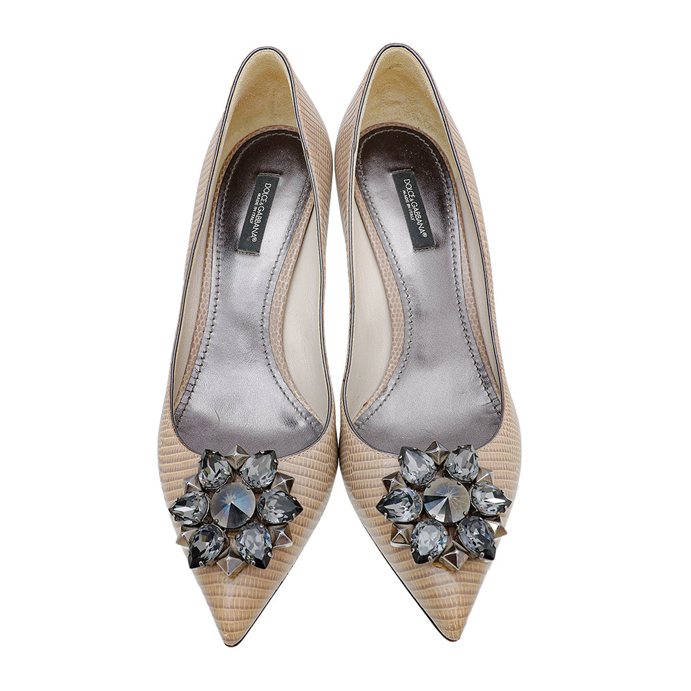Dolce & Gabbana Etoupe Iguana Print Crystal Bellucci Pumps 39-Dolce & Gabbana-THE CLOSET